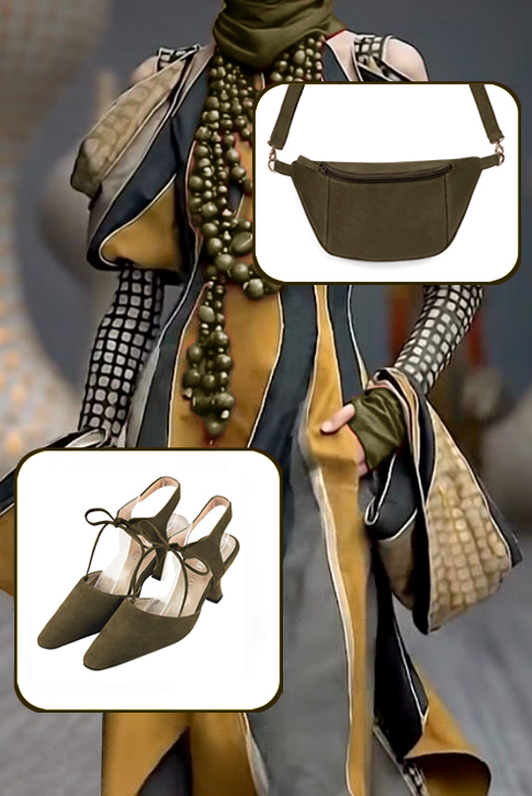 Women's khaki green elegant closed-toe heels, with an instep strap. Tapered toe. Medium spool heels - Worn view
